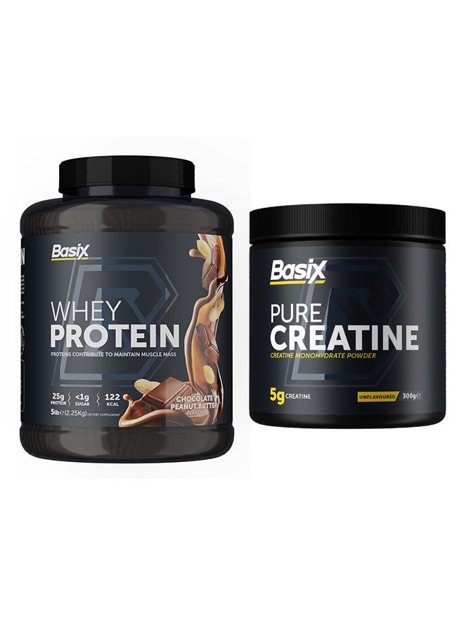 Basix Exclusive Bunde Offer - Muscle Whey Protein - Chocolate Peanut Butter - 5Lb Tubs and Pure Creatine Unflavored 300 Gm - Image 1